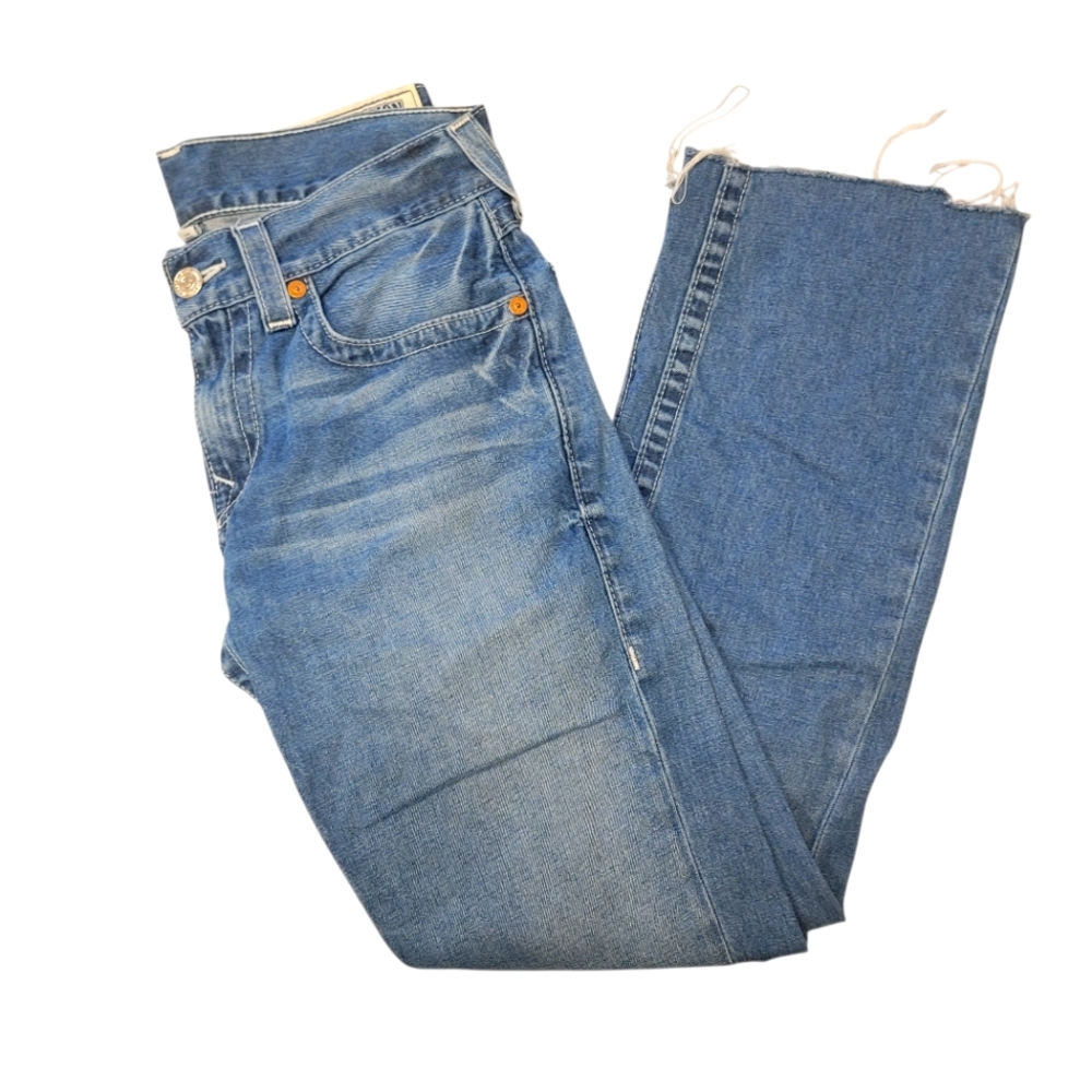 True Religion Woman's Straight With Flaps Blue Frayed Hem Y2K Denim Jeans